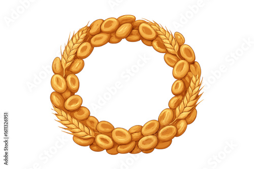 Wheat and cereal wreath vector illustration. Healthy breakfast food concept. Round frame with oat flakes and wheat ears for organic product design. Agriculture harvest.