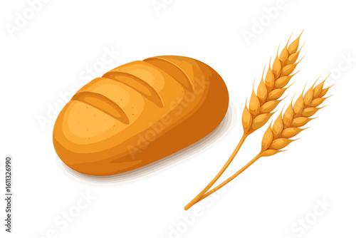 Realistic 3D loaf of bread with wheat ears vector illustration. Fresh bakery product concept for nutrition and healthy eating. Isolated food icon for grocery or farm use.