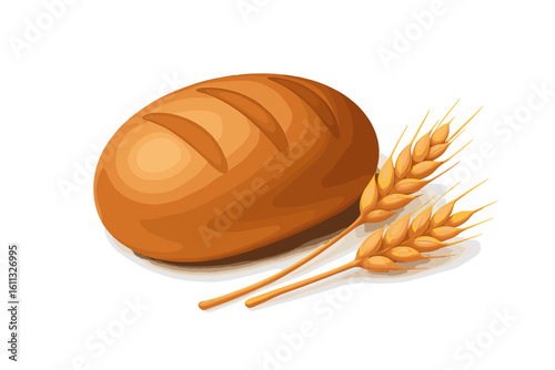 Realistic 3D Loaf of Bread with Wheat Ears Vector Illustration, Fresh Baked Bread Clipart, Artisan Bakery Food Concept, Isolated on White Background, Whole Wheat Grain, Organic Ingredient