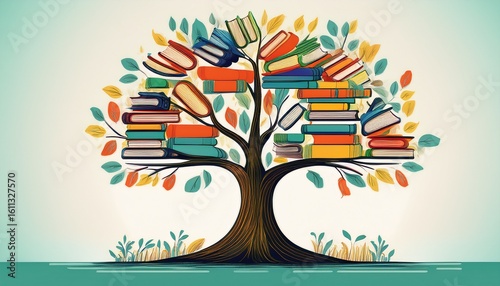international literacy day concept with tree with books like leaves literacy education knowledge concept with color books on tree on white background