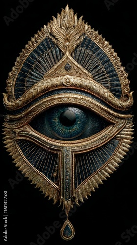 Mystic blue eye nestled in ornate golden symmetry radiates luxury and enigmatic power
