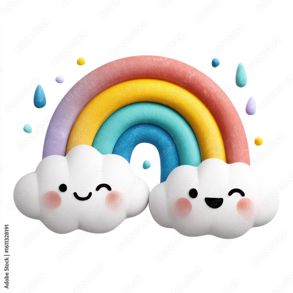 Fototapeta premium Cheerful Clouds with Rainbow and Raindrops for Kids' Decor