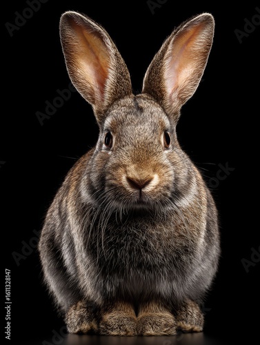 - Brown bunny facing front with detailed fur and intense gaze against black background
