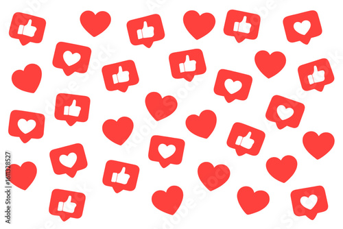 Social media like and heart icons seamless pattern. Vector background with red thumbs up and love symbols for online engagement, follower approval, and notification design.