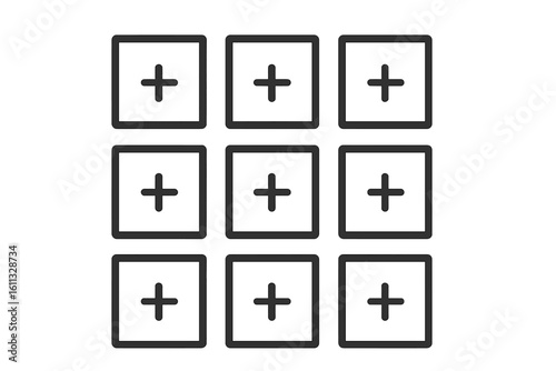 Grid of squares with plus signs icon. Concept of adding, more options, or expanding a menu. Minimalist line art for UI/UX design, web button, app interface. Vector.