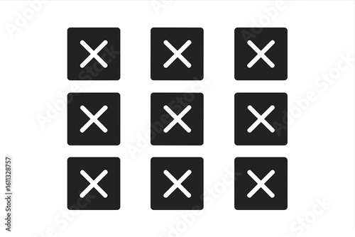 Set of black square icons with white cross mark. X symbol for wrong answer, error, or rejection. No vote, cancel, and close button collection vector illustration.