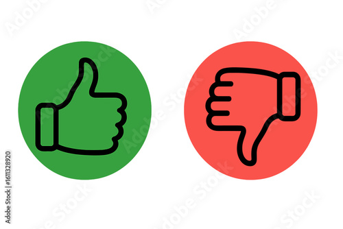 Thumbs up and down line icon set. Like and dislike, approve and disapprove symbols. Yes and no, good and bad feedback buttons. Social media rating vector signs.