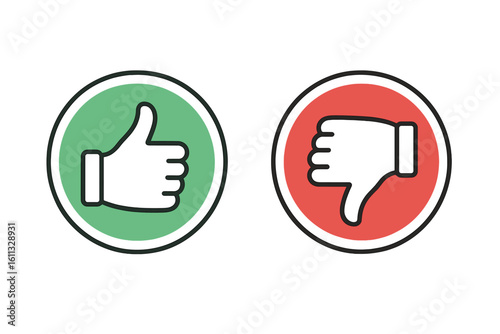 Thumbs up and down like dislike icon set. Yes no vote button. Good bad symbol. Positive negative feedback pictogram. Approve disapprove sign. Customer review rating vector.