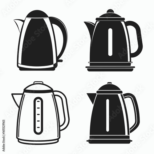 Electric kettle silhouette set, kitchen appliance icon, boiling water pot, electric kettle silhouette vector illustration 