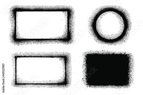 Set of grunge stencil frames with spray paint effect. Collection of dirty rectangle and circle borders with splatter texture. Urban graffiti art design elements for banners.