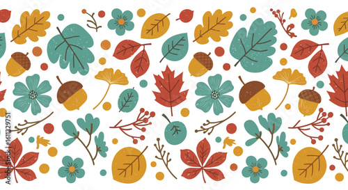 Border illustration in a modern folk art inspired vector style a variety of hand-drawn autumn elements.