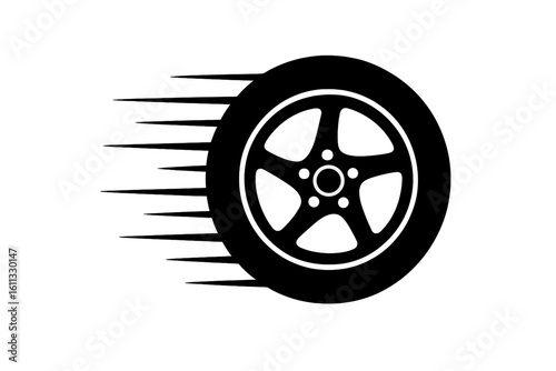 Fast car wheel icon. Auto tire in motion with speed lines. Racing wheel symbol for logo design. Vector illustration of a spinning tire. Automotive service silhouette.