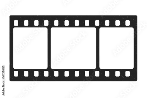 Film strip frame template with empty slots. Retro cinema tape with grunge grain texture. Old movie negative border for photo. Vintage nostalgic vector illustration.