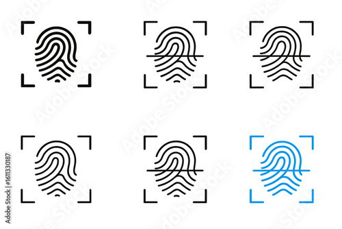 Fingerprint scanning icon set for biometric identification. Security authentication technology vector. Thumbprint recognition for access control. Personal identity privacy.