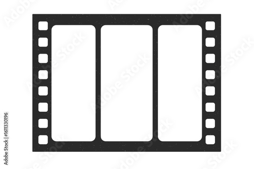 Film strip frame template with empty slots. Retro cinema tape with grunge grain texture. Old movie negative for photo album, picture border or video. Vector illustration.