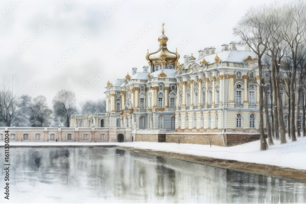 Obraz premium Watercolor illustration of a magnificent palace complex in a winter landscape. 