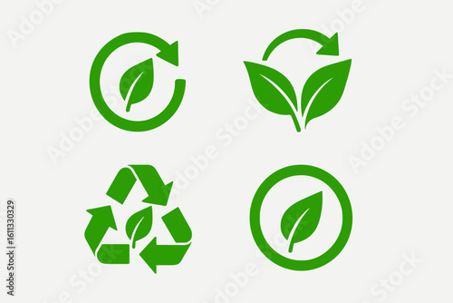 Set of green leaf arrow icons for biodegradable, recyclable, and organic products. Eco friendly bio labels for packaging. Recyclable and compostable vector symbols.
