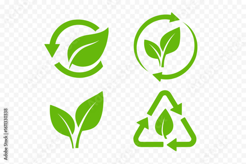Biodegradable recyclable icon set. Eco friendly green leaf labels for package. Organic bio product stamps. Sustainable compostable material vector symbol. Natural ecology logo.