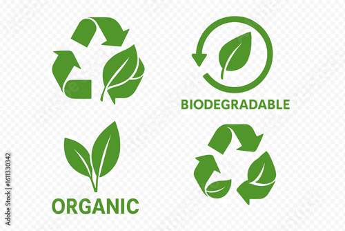 Set of green icons for packaging. Biodegradable, recyclable, and organic symbols. Eco-friendly bio labels with leaf and arrow. Vector stamps for sustainable products.