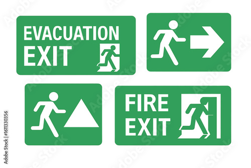 Emergency fire exit green sign set. Evacuation route and safe area direction icons. Running man pictogram. Public information safety symbol collection for wayfinding.