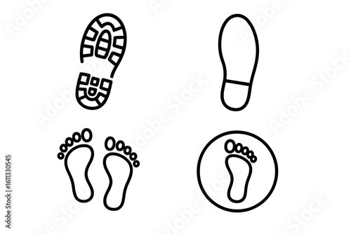 Footprints vector icon set. Human shoe and boot prints, bare feet. Line art collection of foot, sole, step signs. Outline symbols for path, trail, or direction.