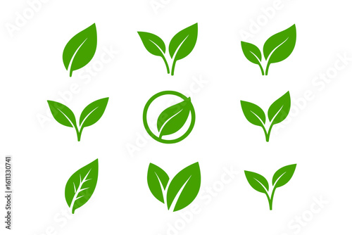 Leaf icons set. Green leaves vector collection. Ecology, environment, and nature symbol. Bio, organic, and vegan sign. Plant sprout logo element for eco friendly products.