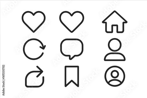 Social media icon set. Like, heart, home, repost, comment, follower, share, save, and stories buttons. User interface signs for web and app design. Vector line art.