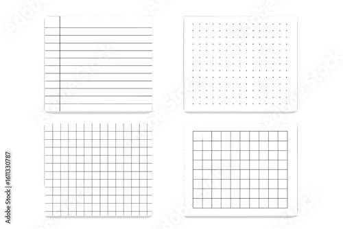 Vector set of lined paper pages, dotted grid sheets, and square graph patterns. Blank technical notebook and copybook templates. School checkered cell texture mockup.