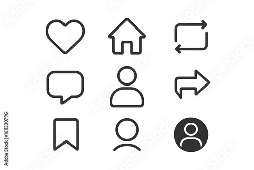 A comprehensive collection of social media interface icons. This vector set includes essential line art symbols like heart, comment, share, save, repost, home, and user profile.