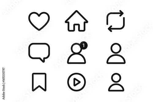 Social media icons set. Like, love, heart, home, repost, share, comment, new follower notification, and save button signs. User interface web and mobile app elements.