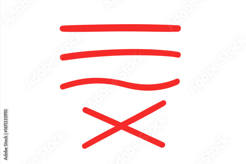 Red line marker set for highlighting text. Hand drawn underline and cross out strokes. Vector doodle scribble for emphasis and correction. Grunge brush design elements.