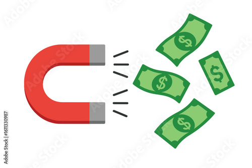 Magnet attracting money vector illustration. Business goal and financial success concept. Symbol of wealth, profit, and investment. Marketing strategy for customer attraction.