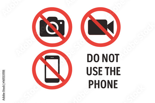 Set of prohibition signs no camera, no video, no phone. Red circle warning symbols. Forbidden photography, recording and mobile phone use vector icon collection.