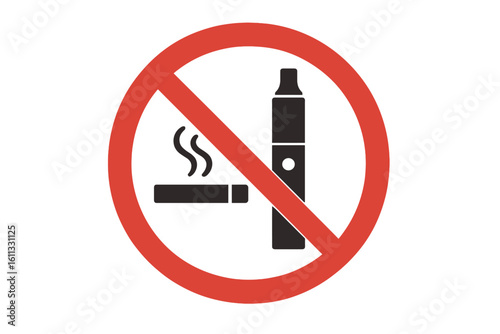 No smoking and no vaping sign. Cigarette and e-cigarette in red prohibition circle. Forbidden area symbol. Warning icon for public places. Smoke free zone vector illustration.