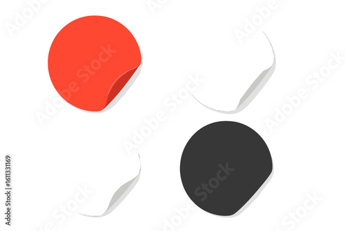 Set of round paper stickers with peeling corner. Red, white, and black adhesive labels. Blank circle tags for price, sale, or promotion. Realistic isolated 3D mockup vector.