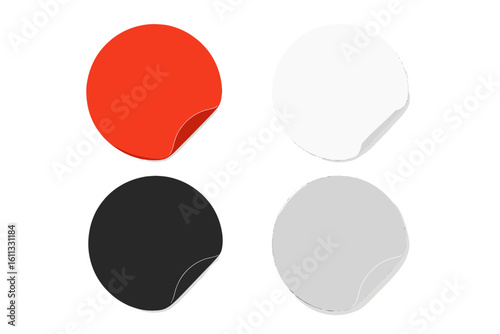Vector set of blank round stickers with curled edge. Red, black, and white adhesive paper labels. Realistic circle tag mockup isolated on white for sale or promo.