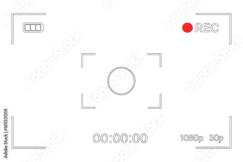 Camera viewfinder recording screen for photo and video. Digital display interface with REC icon, focus frame, timer and battery indicator. Modern vector UI overlay.