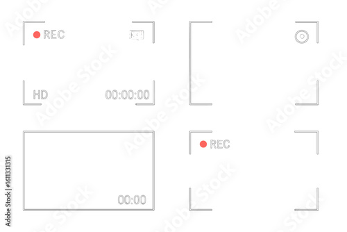 Camera video viewfinder screen frames set. Digital display interface with recording indicator and focus marks. Screen recorder overlay for photo and video editing.