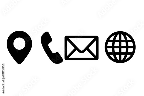 Contact us icons set. Location, phone, email, website symbols. Communication icon collection for business card and web design. Vector glyph pictograms on white background.