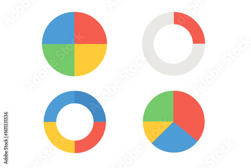Pie chart and donut chart set for infographics. Colorful segmented circle diagrams for data visualization, business reports, and presentations. Vector graph elements.