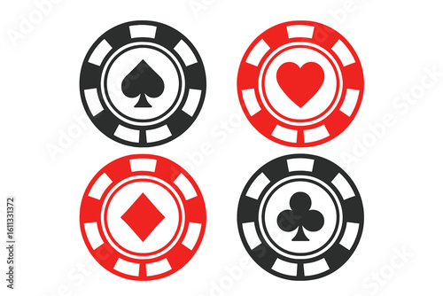 Poker chips icons vector set. Gambling tokens with card suits for poker. Online casino gambling concept. Spades, hearts, diamonds, clubs symbols. Betting and gaming design.