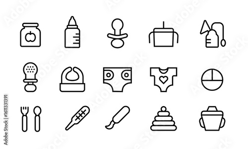 Set of line icons with editable stroke, baby feeding and care tools.