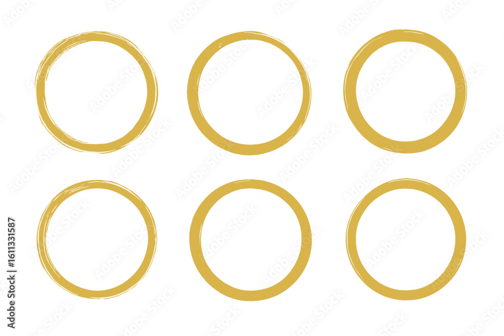 Gold circle frame set. Hand drawn brush stroke vector collection. Golden paint texture round border for logo design, label or banner. Artistic luxury decorative element. Gold circle frame set. Hand drawn brush stroke vector collection. Golden paint texture round border for logo design, label or banner. Artistic luxury decorative element.