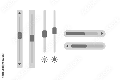 Scroll bars set and slider elements for UI design. Vector vertical and horizontal progress bars for website or app interface. Brightness and level adjustment control widget.