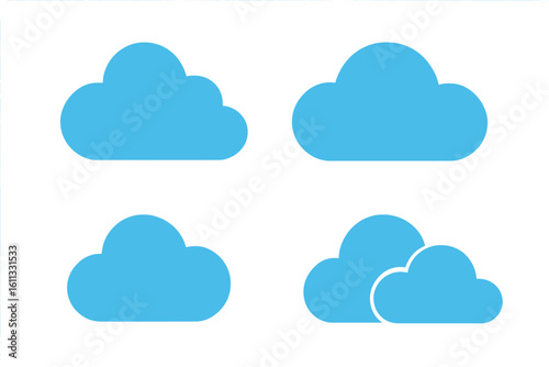 Set of blue cloud icons. Simple flat weather symbol collection. Sky sign for forecast or web design. Cloud computing, data storage, and network technology concept.