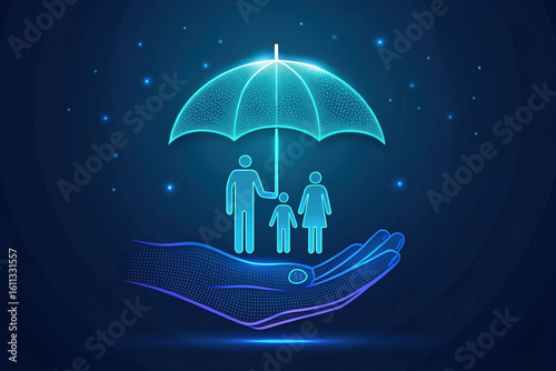 Digital Protection Concept Hand Holding an Umbrella Shielding a Family Abstract Illustration on Blue