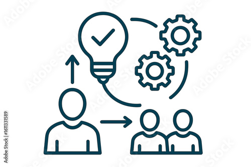 Teamwork and process realization concept. Interconnections in a business workflow. Idea generation, innovation, and knowledge transfer for corporate strategy. Vector icon.