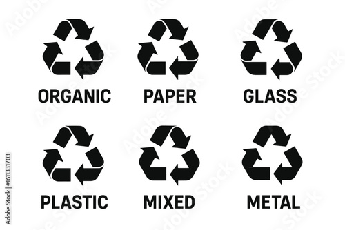 Recycle symbols for waste sorting. Icon set for organic, paper, glass, plastic, mixed, and metal. Environmental conservation & garbage segregation vector graphic.