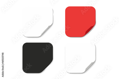 Set of red, white, and black square paper stickers with peeling corner. Blank adhesive labels with rounded edges and shadow. Isolated vector note or price tag mockup.
