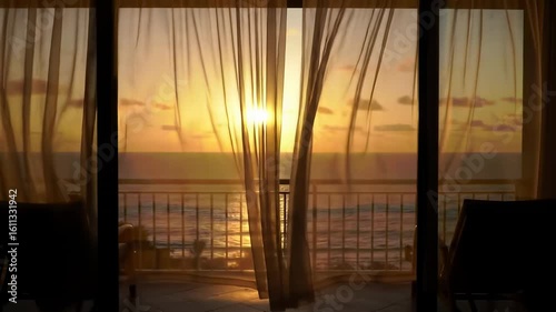 Sunrise view through sheer curtains